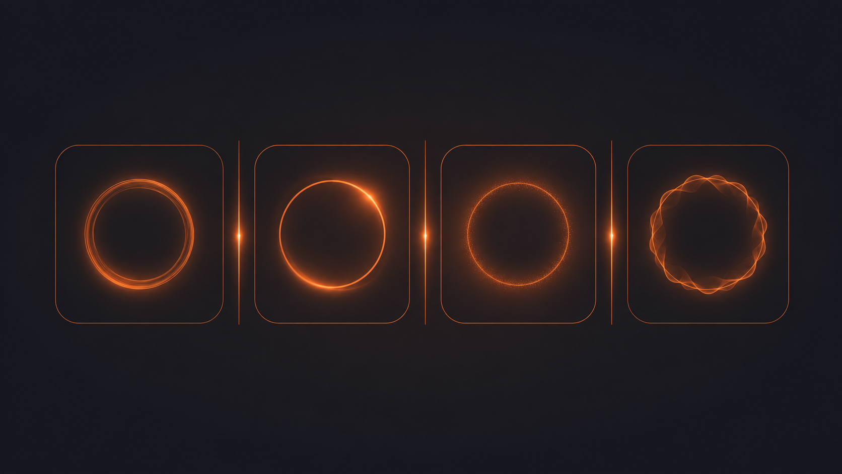 Abstract dark graphic of several separate bounded cells in a row, each holding its own distinct glowing orange ring, representing isolated client brand workspaces kept on-voice and never mixed.