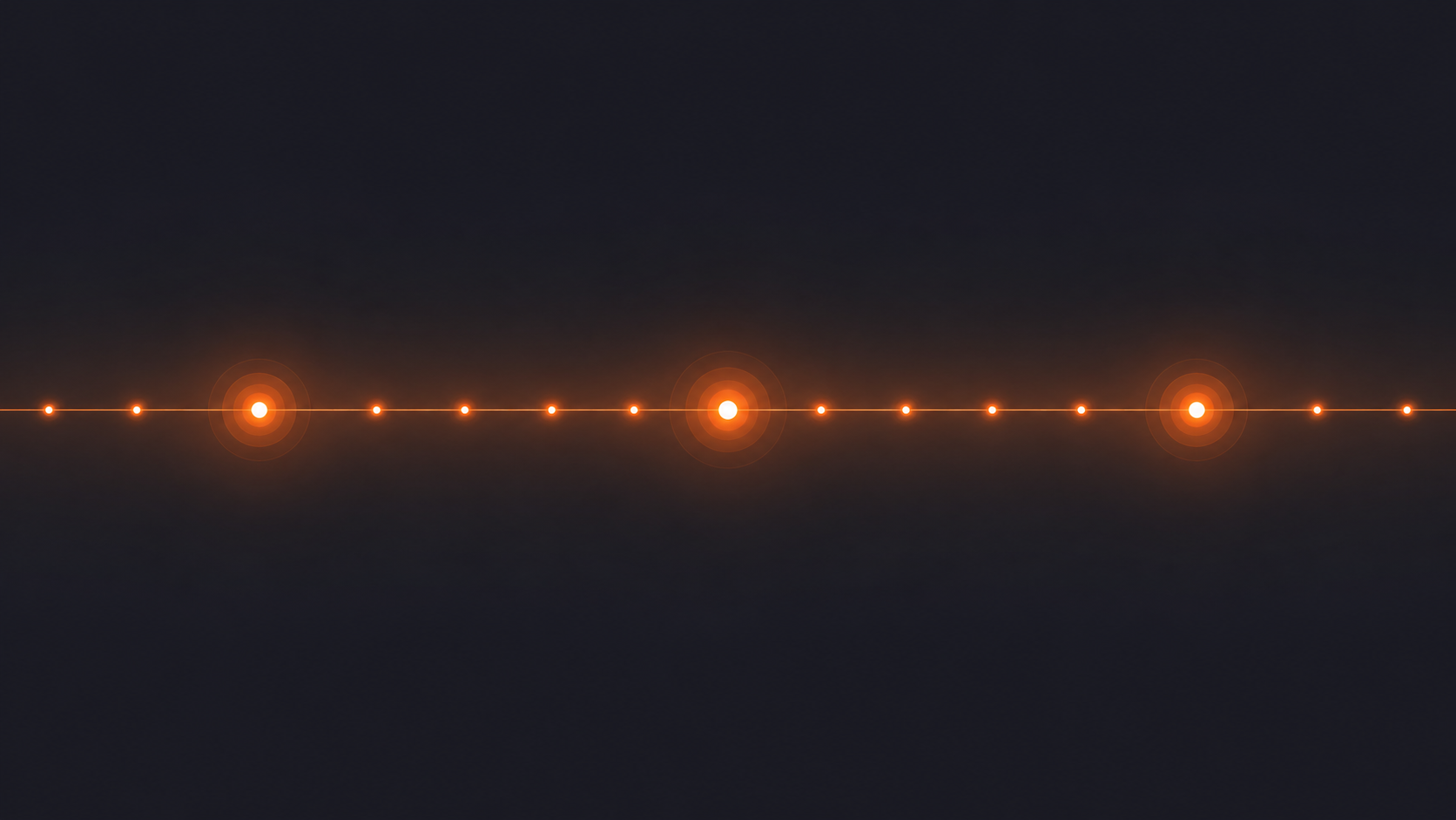 Abstract dark graphic of a horizontal line of evenly spaced glowing orange points with a few brighter blooms, representing steady, consistent posting over time rather than daily frequency.