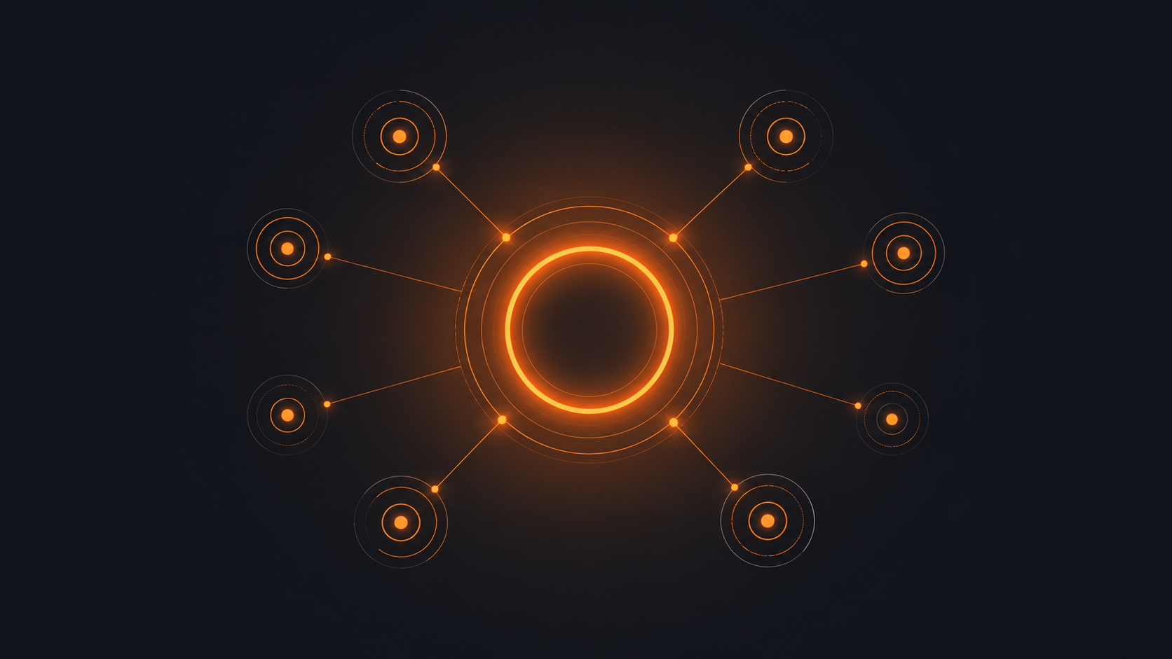 Abstract dark graphic of a central glowing orange ring linked by thin lines to eight separate orbiting rings, representing a team posting to one shared company brand while each account stays distinct.