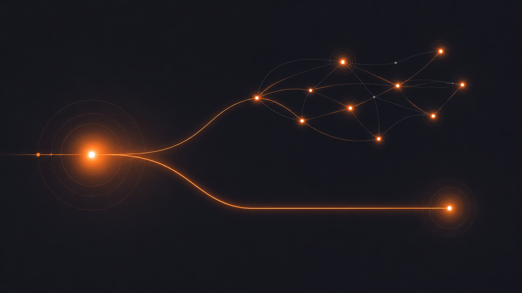 Abstract dark graphic of two glowing orange paths diverging from one point — one branching into many connected nodes, the other a single clean unbroken line — representing the choice between hiring a team and running marketing yourself with AI.