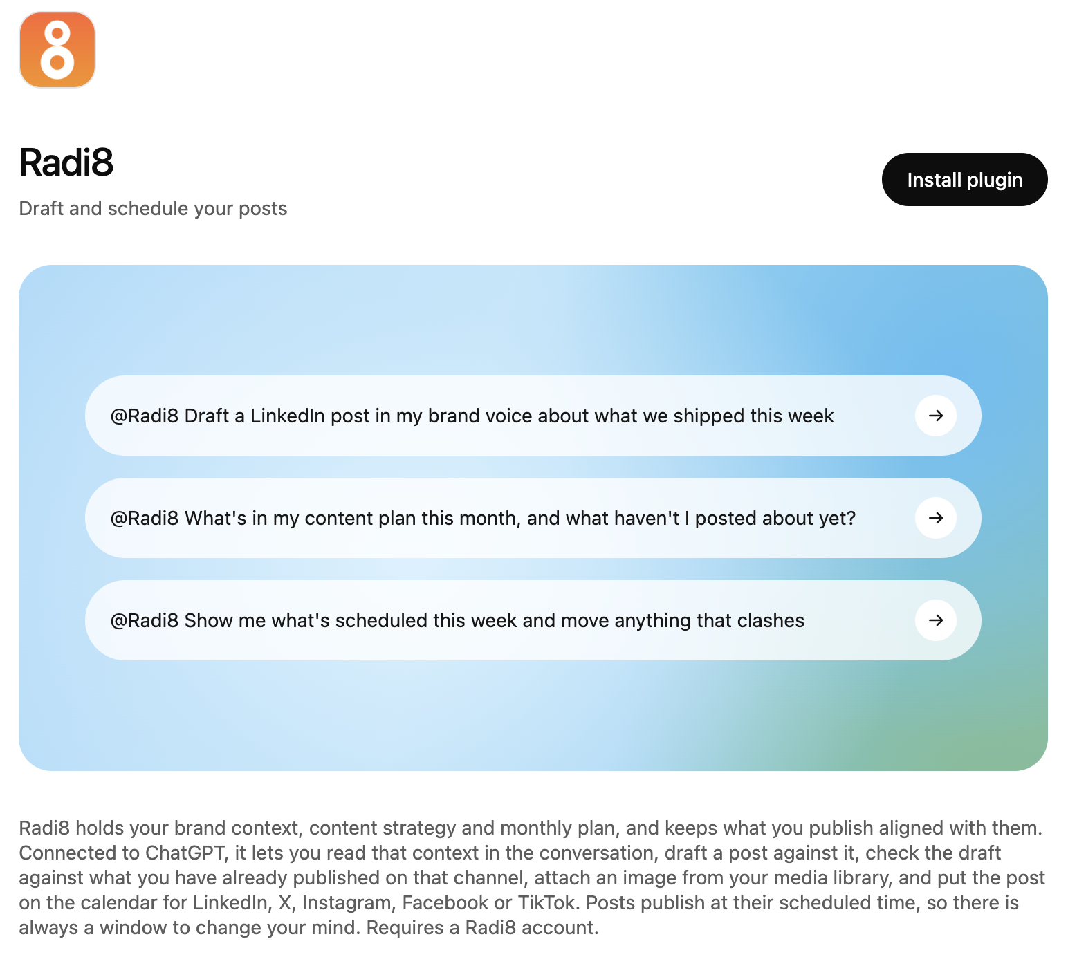 The Radi8 plugin page in ChatGPT, with the Install plugin button and three example prompts that start with @Radi8.